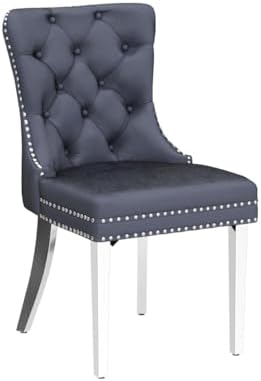 Velvet Dining Room Chairs Set of 2, Button Tufted, Silver Legs, Dark Gray