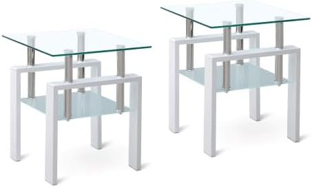 Glass End Table Tea Table with Shelf Side Table with Metal Legs Modern Small ...