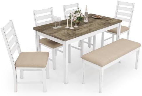 ROCSUMOO 6 Piece Farmhouse Dining Table Set with 4 Chairs and 1 Bench