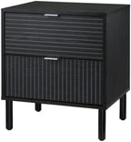 Sango Merk 2-Drawer Nightstand, Modern Black Bedside Table with Cylindrical Wood Legs, Vertical & Horizontal Groove Patterns, Discreet Metal Finger Pulls, Smart Storage for Living Room or Office Room