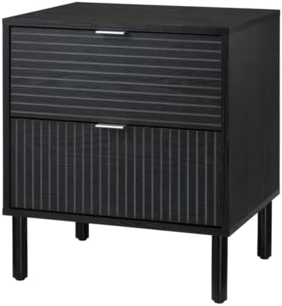 Sango Merk 2-Drawer Nightstand, Modern Black Bedside Table with Cylindrical Wood Legs, Vertical & Horizontal Groove Patterns, Discreet Metal Finger Pulls, Smart Storage for Living Room or Office Room