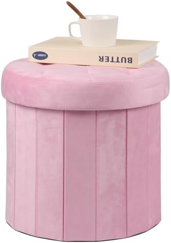 AmasSmile Round Storage Ottoman,14" Folding Velvet Foot Stool,Pink 2 Pack | Ottoman Storage Foot Stool, Petite and Soft Velvet, Thick Foam Cushion, Suitable for Living Room, Bedroom,Dorm,14x13x13in