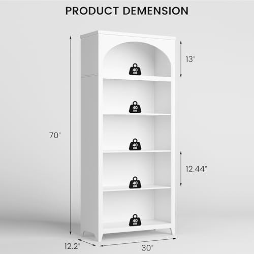 Arched Bookshelf with LED Lights, 70" White Bookcase for Bedroom