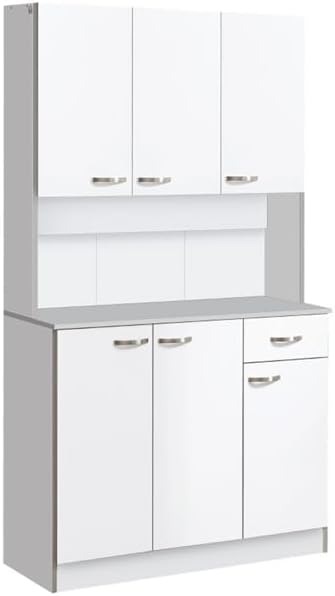 Kitchen Storage Cabinet with Multiple Doors, Drawer, Adjustable Shelves, and Open Countertop for Microwave, Toaster, or Coffee Maker – Pantry Organizer with Anti-Tip Safety Strap (White)