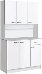 Kitchen Storage Cabinet with Multiple Doors, Drawer, Adjustable Shelves, and Open Countertop for Microwave, Toaster, or Coffee Maker – Pantry Organizer with Anti-Tip Safety Strap (White)