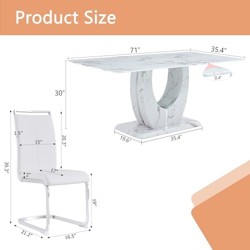 Dining Table Set for 6, Kitchen Table Chairs Set of 6, Modern Dining Room Set 71'' Faux Marble Dinner Table PU Leather Upholstered Chairs for Kitchen (White, 71”)