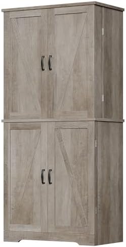 Vongrasig Kitchen Pantry Storage Cabinet with Barn Doors, Drawer and Adjustab...