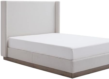 Peanu Queen Bed Frame, Wingback Upholstered Headboard, Cream White