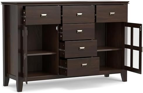 SIMPLIHOME Artisan 54" Wide Solid Wood 3-Door Buffet in Dark Chestnut Brown