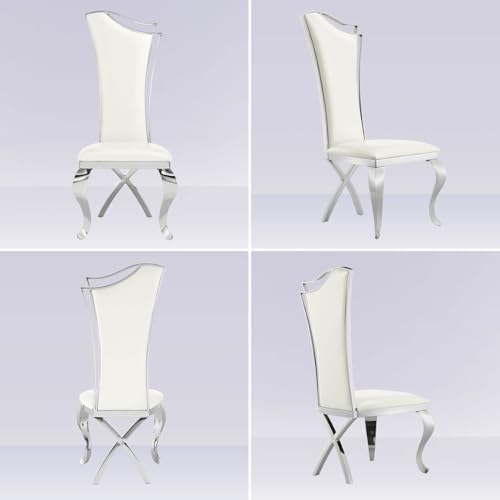 Asday Dining Chairs Set of 6, White Faux Leather and Silver Streamlined High ...