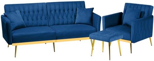 2 Pieces Velvet Sofa Set with Adjustable Armrest and Backrests, Blue | 70” Co...