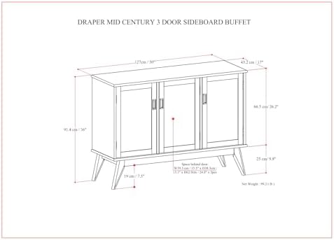 SIMPLIHOME Draper 50" Wide Solid Wood 3-Door Buffet in Teak Brown