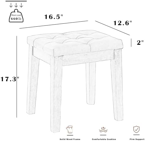 Ottoman Vanity Wooden Stool with Padded Seat, Faux Leather Brown | Square Woo...
