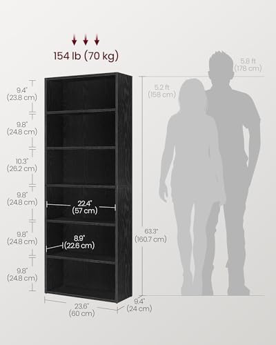 VASAGLE Bookshelf, 23.6 Inches Wide, 6-Tier Open Bookcase with Adjustable Sto...