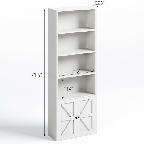 MXV 6 Tier 71" Tall Farmhouse Bookshelf with Barn Door Cabinet, Freestan...