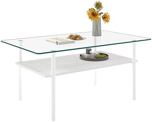 IANIYA Glass Coffee Table Modern Center Table, Coffee Table for Living Room, Tempered Glass-top with Sturdy Metal Frame, Easy Assembly, White
