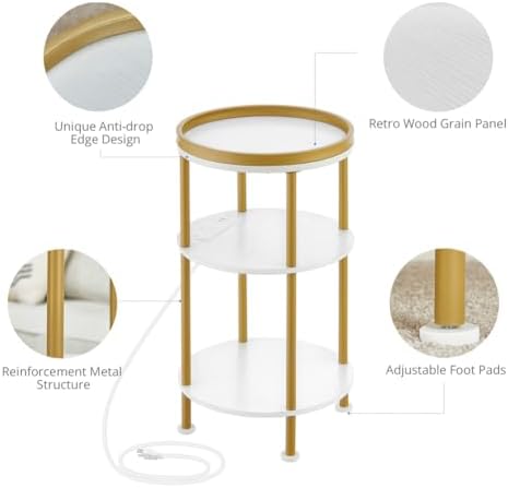 Small Round End Table with Charging Station, 3-Tier Accent Couch Beside Table...