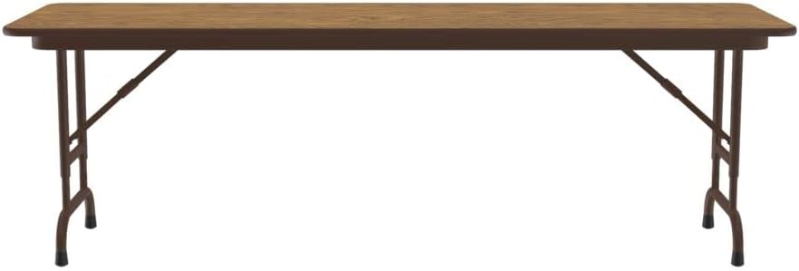 Correll Heavy Duty Adjustable Height Utility Folding Table, Melamine Top, USA Made, Strong Steel Apron, 24"x72", Medium Oak Top Brown Edge