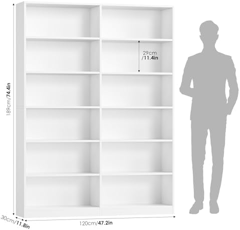 FACBOTALL Bookshelf Tall Bookcase, 6-Tier Double Wide Bookshelves, White