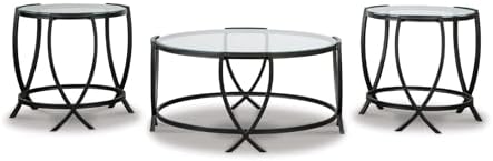 Signature Design by Ashley 3-Piece Glass Top Round Coffee Table Set, Black