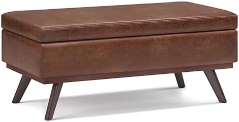 SIMPLIHOME Owen 42" Wide Vegan Leather Lift Top Ottoman in Saddle Brown ...