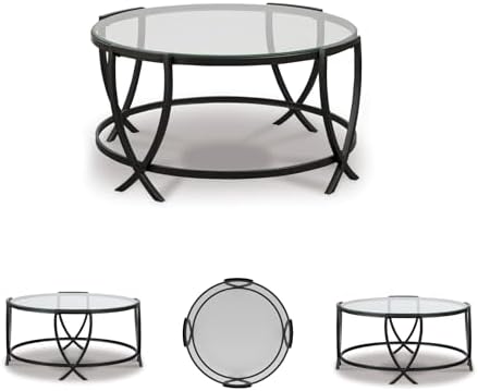 Signature Design by Ashley 3-Piece Glass Top Round Coffee Table Set, Black