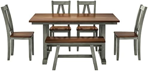 6-Piece Dining Table Set, 4 Chairs + Long Bench, Farmhouse, Gray