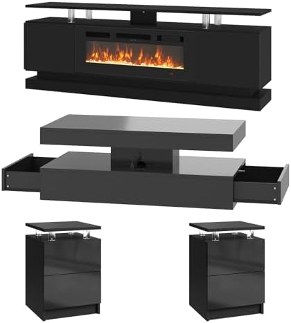 4-Piece Modern Living Room Table Set, Black | Includes High Gloss 70" Fi...