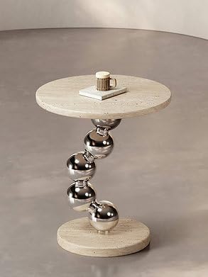 Modern Travertine Side Table, Natural Travertine Stone Top with Chrome Sphere...