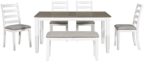 LUMISOL Farmhouse 6 Piece Dining Table Set with Bench, Brown+Whitewash