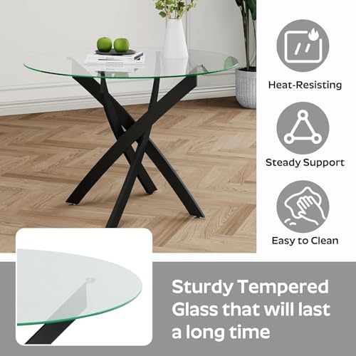 Clear Round Glass Dining Table Set for 4, 5 Piece Circle Kitchen Table Set, 3...