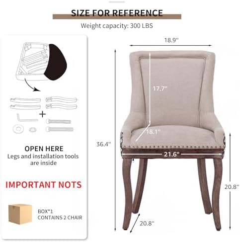 Upholstered Dining Chairs Set of 2, Fabric Kitchen Chair with Nailhead Trim, ...