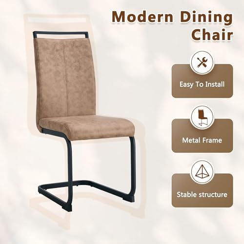 JUFU Dining Table Set for 6, 63 Inch Rectangular Kitchen Table and 6 PU Upholstered Chairs, Walnut Wood Grain MDF Tabletop, U-Shaped Pedestal Base, Modern Dining Room Set for Kitchen, Apartment