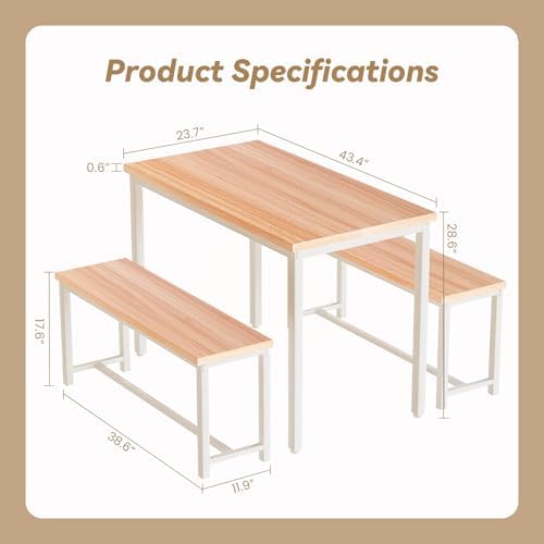 Recaceik 43.4" Dining Table Set for 4, Kitchen Table with 2 Benches, Walnut