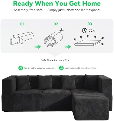 MONVANE L Shaped Sectional Couch Oversized, Chenille, Black | 4-Seat Sectiona...