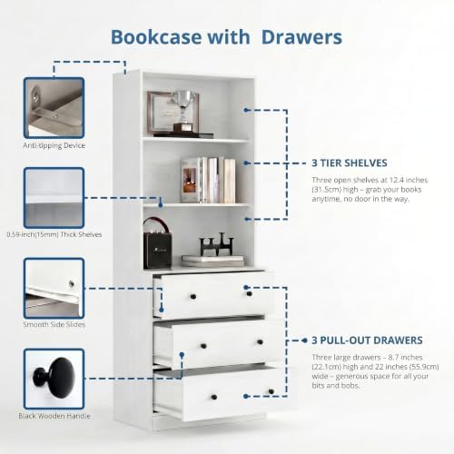TUSY 71" H Bookshelf with Storage, 6-Tier Modern Bookshelves with 3 Larg...