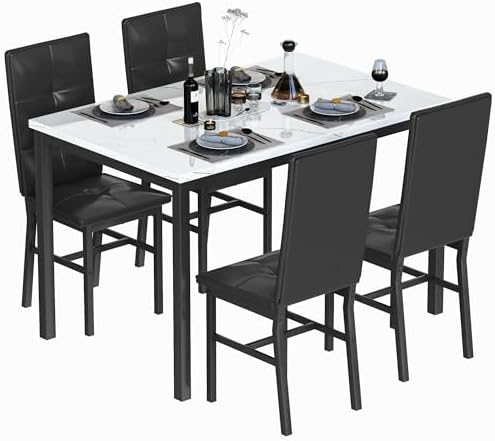 Hooseng Dining Table Set for 4, Faux Marble Small Kitchen Table with 4 PU Lea...