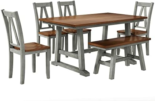 6-Piece Dining Table Set, 4 Chairs + Long Bench, Farmhouse, Gray