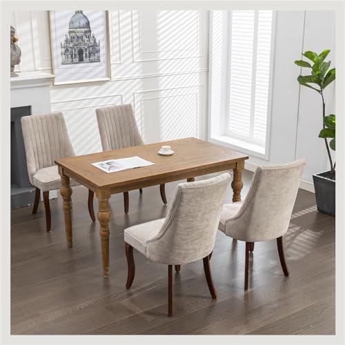 Beige Fabric Upholstered Dining Chairs Set of 4, Curved Solid Wood Legs