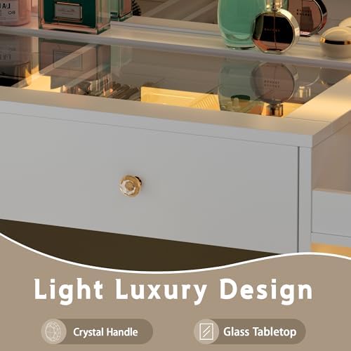 wanan 62" Large White Vanity Desk with Glass Top, Makeup Vanity with Mir...