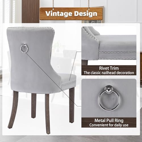 Velvet Dining Room Chairs Set of 2, Button Tufted, Wood Legs, Light Gray