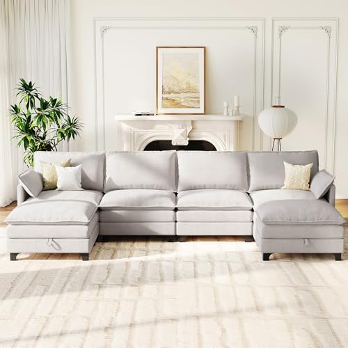 140" U-Shaped Modern Modular Sectional Couch, Chenille Cloud Couches wit...