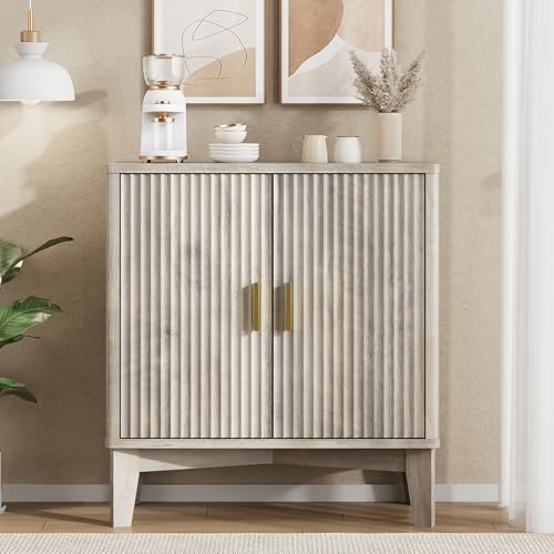 Xixini Fluted Sideboard Buffet Cabinet, 30" Wood Coffee Bar Cabinet, Grey
