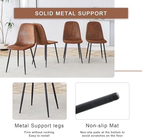JUFU Round Dining Table Set for 6, 48" Table and Chairs Set of 6 with Faux Marble Tabletop and PU Upholstered Brown-0501 Chairs, Modern 6 Seater Dining Table Set for Dinning Room, Kitchen