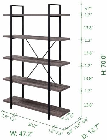 HSH Rustic Bookshelf, Industrial 5 Tiers Open Bookcase, Light Grey Oak