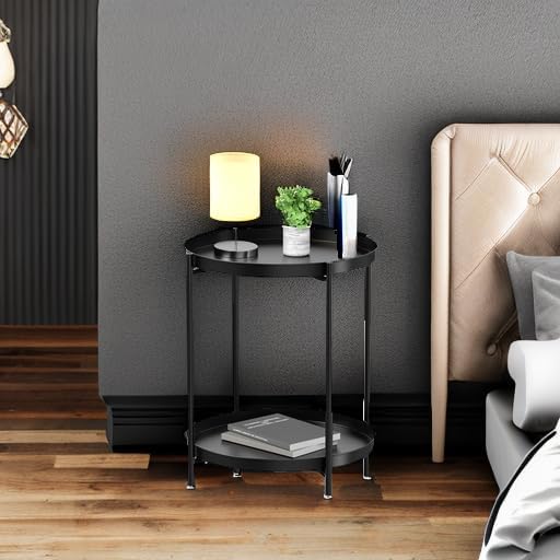 EKNITEY 2 Tier End Table - Metal Side Table Waterproof Small Sofa Coffee Side...
