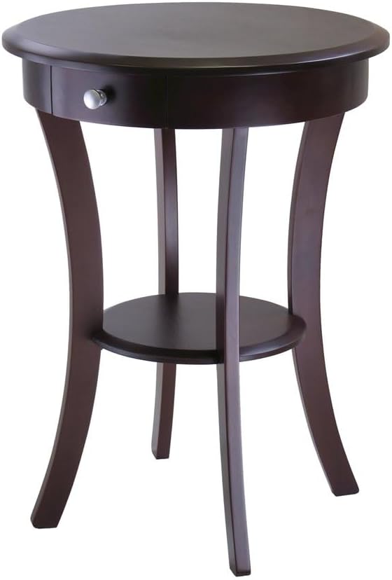 Furnifact Round Accent Table, Brown Finish, Storage Drawer, Lower Round Shelf...