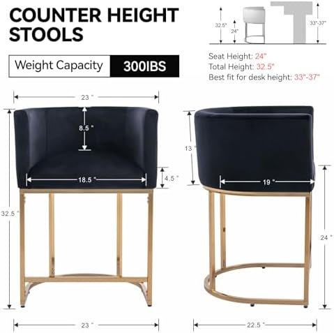 RIVOVA Black Velvet Bar Stools Set of 2, 24" Contemporary Upholstered Fa...