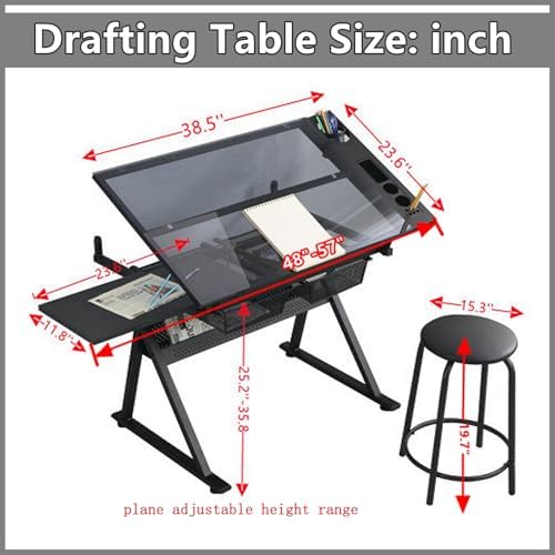 Drafting Table for Artists, Glass Drawing Table with Stool,T1-Black