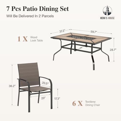 HERA'S HOUSE 7pc Patio Dining Set, Metal Table with PVC Top, Brown Chairs